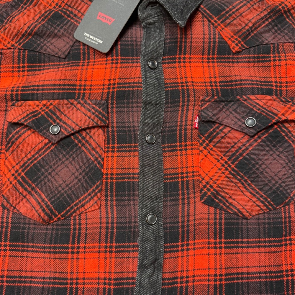 Levi Strauss Large Red Black Plaid Western Standard Fit Flannel Shirt Pearl Snap - Picture 6 of 7